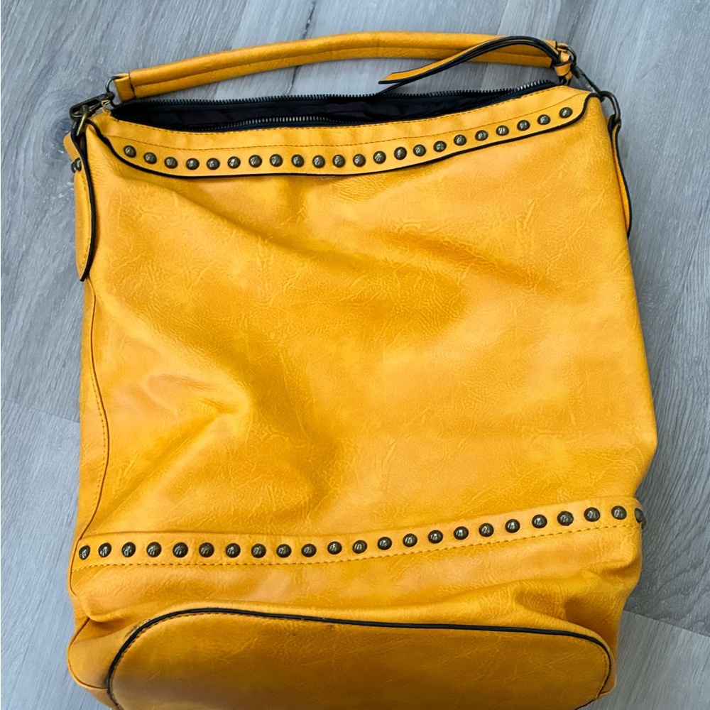 Yellow Stud-Accent Leather Shoulder Bag